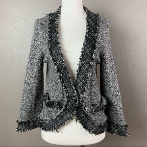 WHBM black white silver metallic 3/4 sleeve Chanel style sweater blazer cardigan